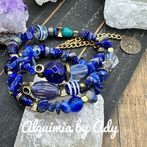 Brass vintage elements lapis lazuli wrap around bracelet chunky maximalist